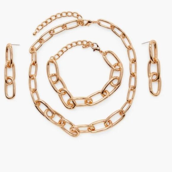 Gold Oval Chain Link Necklace Bracelet Earrings Set - Picture 1 of 7